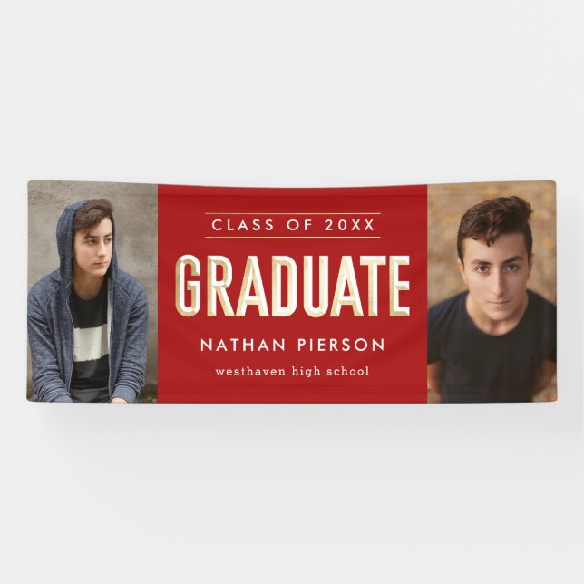 Gold Type Red Two Photo Graduation Banner (Horizontal)
