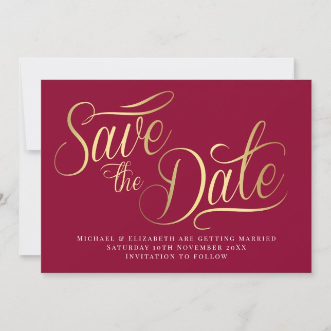 Gold Typo Modern Burgundy Save The Date Card (Front)