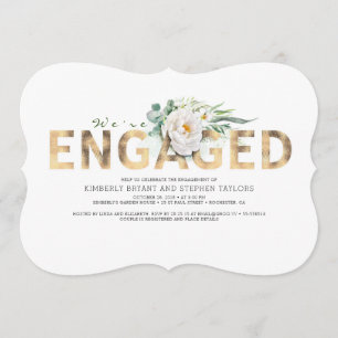 Gold Typography and White Flowers Engagement Party Invitation