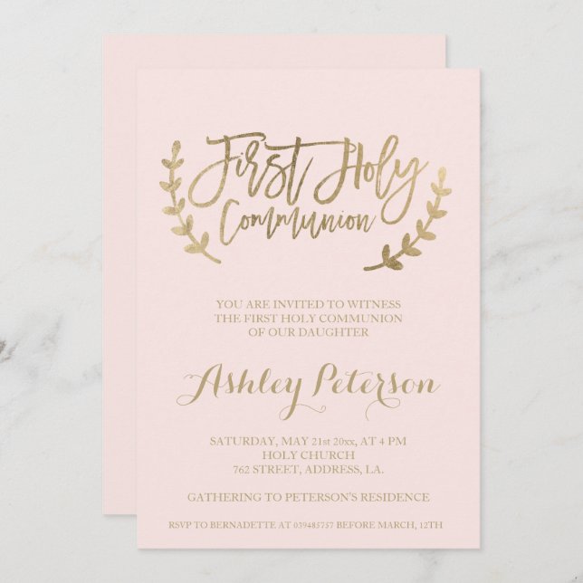 Gold typography blush pink First Holy Communion Invitation (Front/Back)