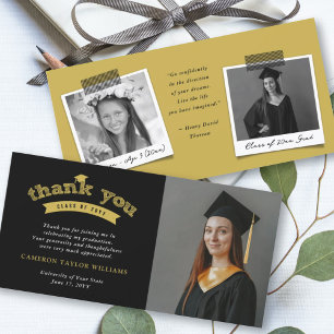 Gold Typography Bold Sketch Graduation Cap Photo Thank You Card