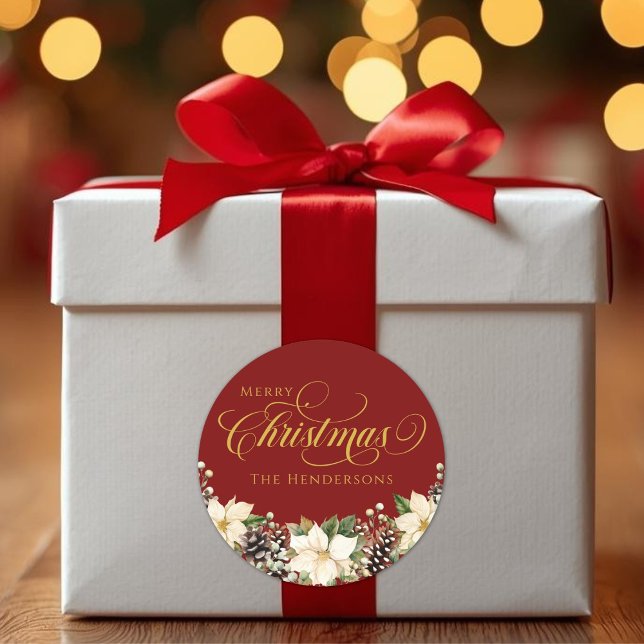 Gold Typography Christmas Poinsettia red   Classic Round Sticker (Gold Typography Christmas Poinsettia red Classic Round Sticker)