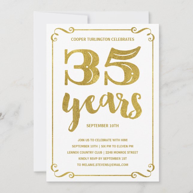 Gold Typography | Faux Foil 35th Birthday Party Invitation (Front)