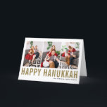 Gold Typography Happy Hanukkah Photo Collage Holiday Card<br><div class="desc">Happy Hanukkah! Customizable Happy Hanukkah photo collage card featuring gold simple typography and snow pattern. Personalize by adding three photos,  names,  year and other details. This modern Hanukkah card is available in other colours and cardstock.</div>