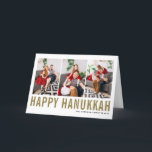 Gold Typography Happy Hanukkah Photo Collage Holiday Card<br><div class="desc">Happy Hanukkah! Customizable Happy Hanukkah photo collage card featuring gold simple typography and snow pattern. Personalize by adding three photos,  names,  year and other details. This modern Hanukkah card is available in other colours and cardstock.</div>