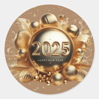 Gold typography happy new year 2025 classic round sticker