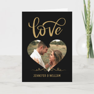 Gold Typography Heart Shape Photo Black Valentine  Card