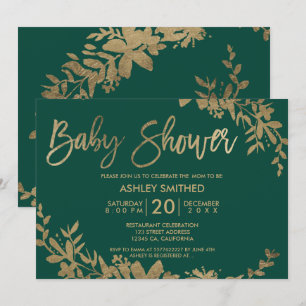 Gold typography leaf floral green baby shower invitation