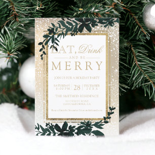 gold typography leaf snow elegant eat Christmas Invitation