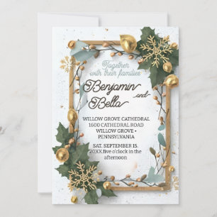 gold typography leaf snow elegant winter wedding invitation