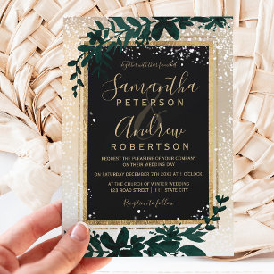 gold typography leaf snow elegant winter wedding invitation