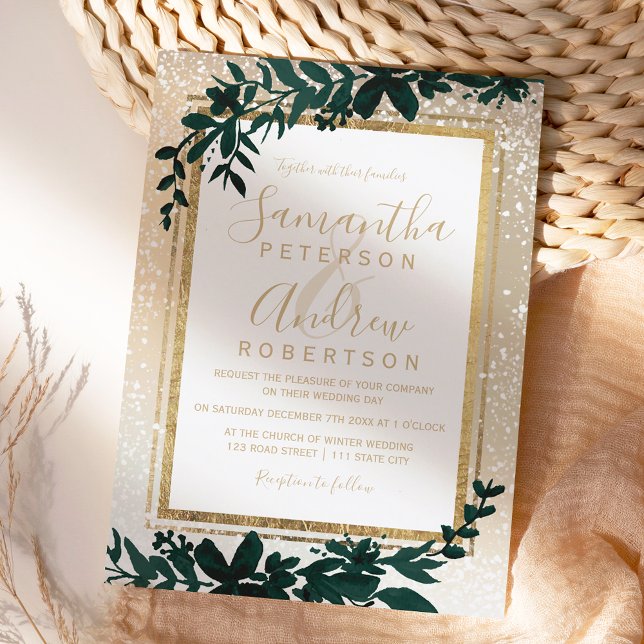 gold typography leaf snow elegant winter wedding invitation (Creator Uploaded)