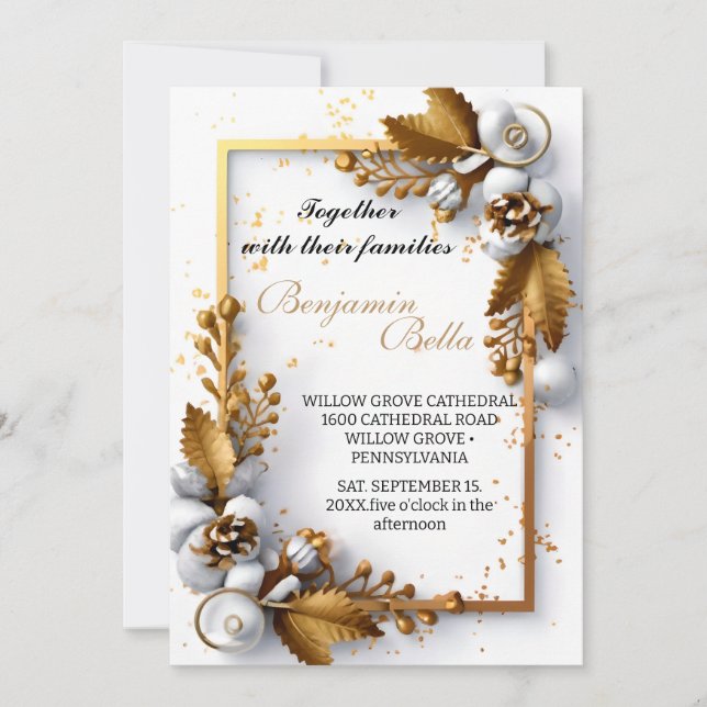 gold typography leaf snow elegant winter wedding invitation (Front)