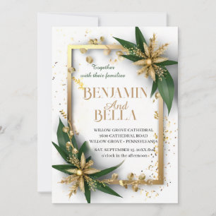 gold typography leaf snow elegant winter wedding invitation