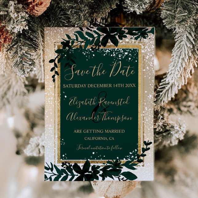gold typography leaf snow elegant winter wedding save the date (gold typography leaf snow elegant winter wedding save the date)
