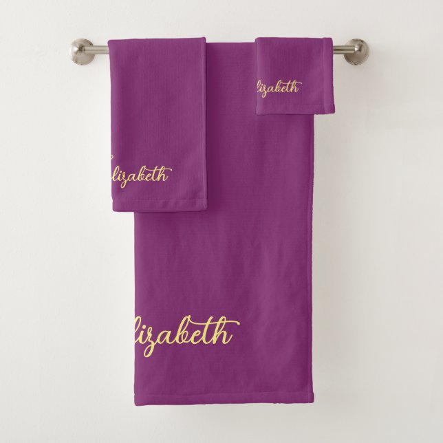 Gold Typography Name Elegant Bordeaux Template Bath Towel Set (Insitu)