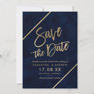 Gold typography navy blue watercolor save the date