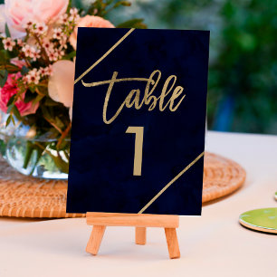 Gold typography navy blue watercolor table number