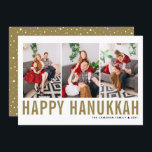 Gold Typography Photo Collage Happy Hanukkah Holiday Card<br><div class="desc">Happy Hanukkah! Customizable Happy Hanukkah photo collage flat card featuring gold simple typography and snow pattern. Personalize by adding three photos,  names,  year and other details. This modern Hanukkah flat card is available in other colours and cardstock.</div>