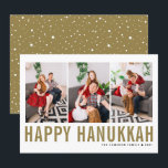 Gold Typography Photo Collage Happy Hanukkah Holiday Card<br><div class="desc">Happy Hanukkah! Customizable Happy Hanukkah photo collage flat card featuring gold simple typography and snow pattern. Personalize by adding three photos,  names,  year and other details. This modern Hanukkah flat card is available in other colours and cardstock.</div>