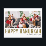 Gold Typography Photo Collage Happy Hanukkah Holiday Postcard<br><div class="desc">Happy Hanukkah! Customizable Happy Hanukkah photo collage postcard featuring gold simple typography and snow pattern. Personalize by adding three photos,  names,  year and other details. This modern Hanukkah postcard is available in other colours and cardstock.</div>