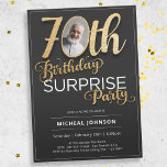 Gold Typography Photo Surprise 70th Birthday  Invitation<br><div class="desc">Gold Typography Photo Surprise 70th Birthday Invitation. This invitation features a sleek design with clear, easy-to-read text, ensuring that all the important details are conveyed effortlessly. The addition of faux foil accents in dazzling gold against a backdrop of black creates a striking visual effect, adding a touch of luxury to...</div>