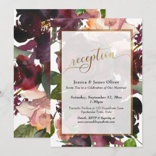Gold Typography Reception Burgundy Painted Flowers Invitation