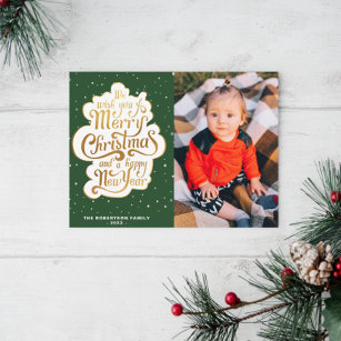 gold typography script green christmas holiday postcard