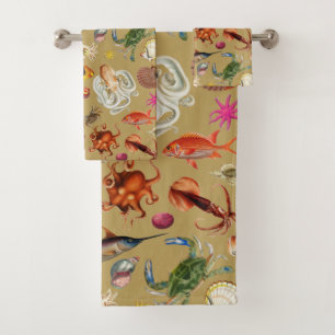 Gold Underwater Sea Life Nautical Pattern Bath Towel Set
