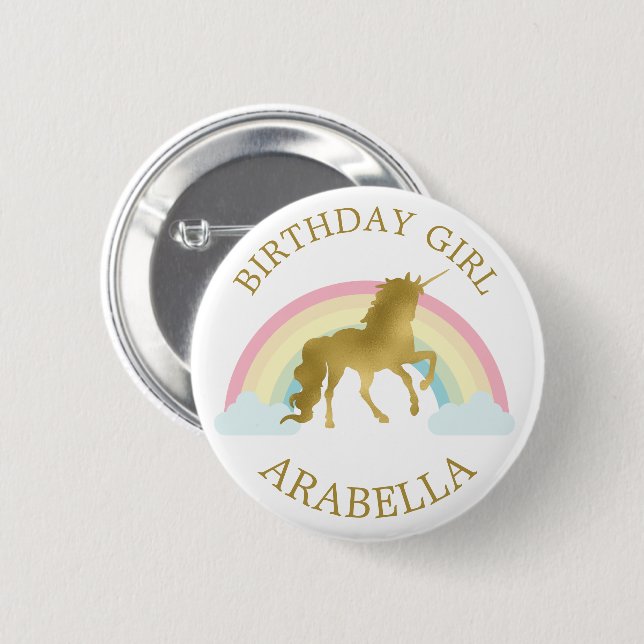 Gold Unicorn "Birthday Girl" Personalized 2 Inch Round Button (Front & Back)