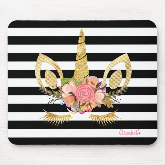 Gold Unicorn Face,Black White Stripes Mouse Pad (Front)