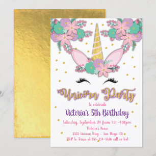 Gold Unicorn Floral Anniversaire Fête Invitation