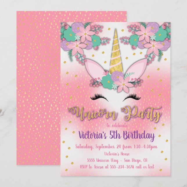 Gold Unicorn Floral Birthday Party Invitation (Front/Back)