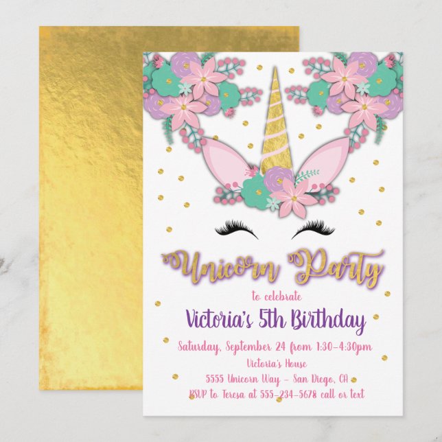 Gold Unicorn Floral Birthday Party Invitation (Front/Back)