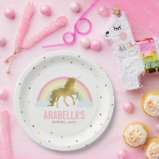 Gold Unicorn Girls Birthday Party Paper Plate