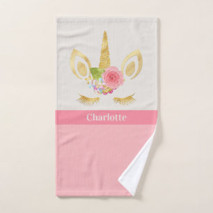 Gold Unicorn Peach Pink Trim Personalized Bath Towel Set