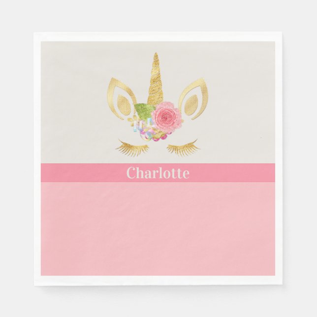 Gold Unicorn Peach Trim Personalized Paper Napkin (Front)