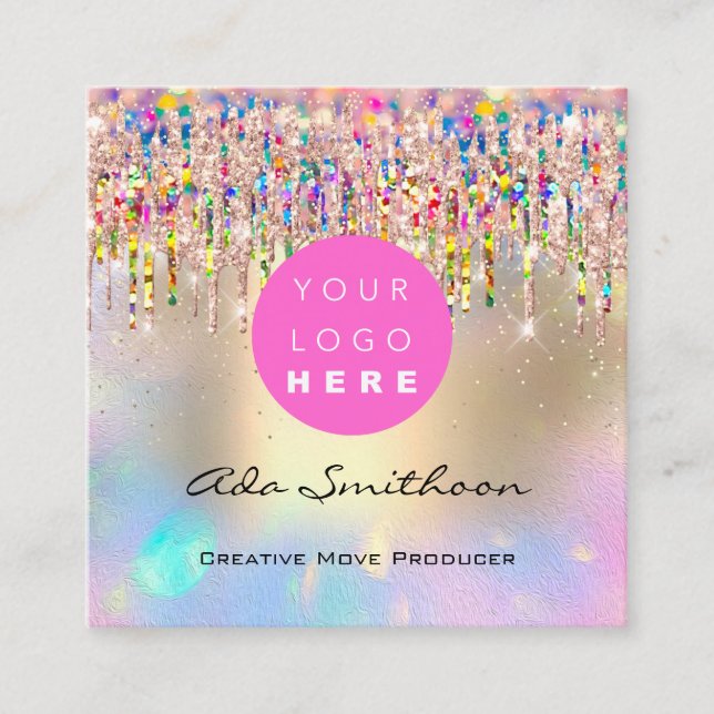 Gold Unicorn Rainbow Holograph Drip QR Code Logo Square Business Card (Front)