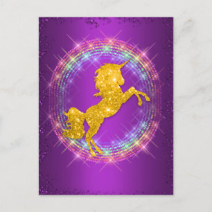 Gold Unicorn Rainbow Sparkles on Purple Holiday Postcard