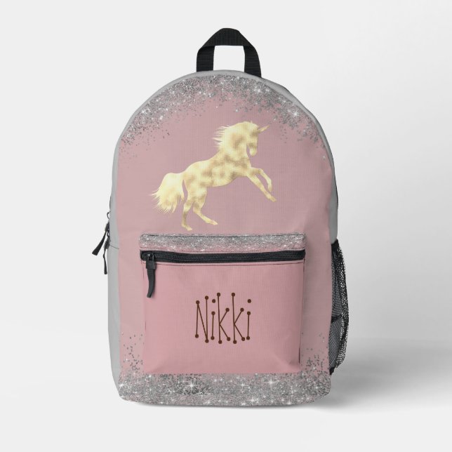 Gold Unicorn Silver Glitter Personalized Printed Backpack (Front)