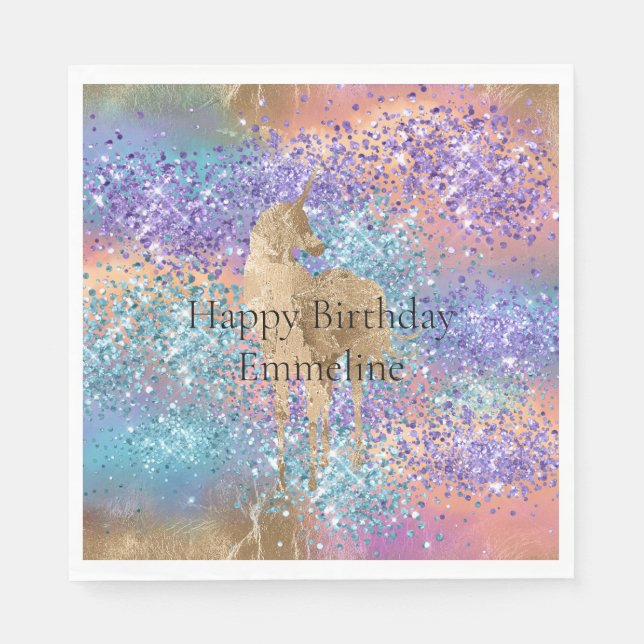 Gold Unicorn Sparkle Purple Aqua Pink Glitter Name Napkin (Front)