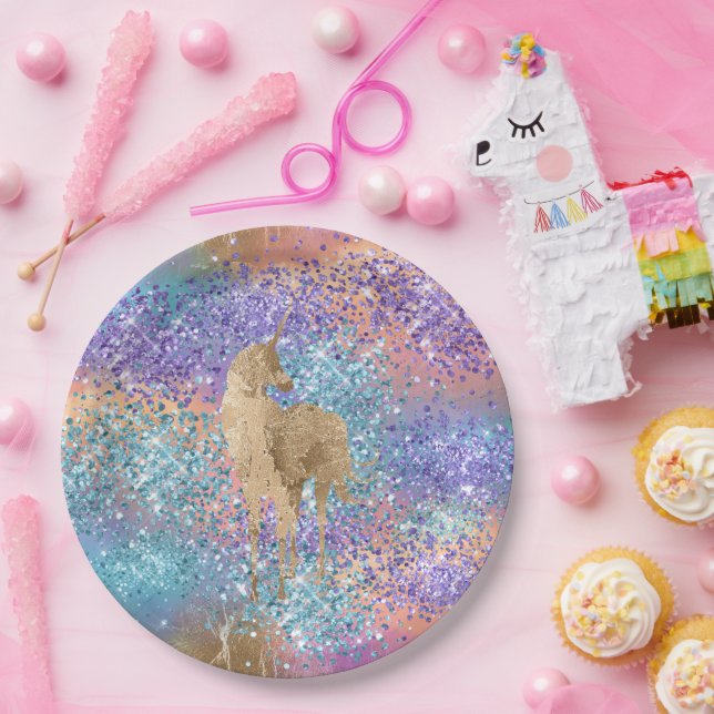 Gold Unicorn Sparkle Purple Aqua Pink Glitter  Paper Plate (Party)