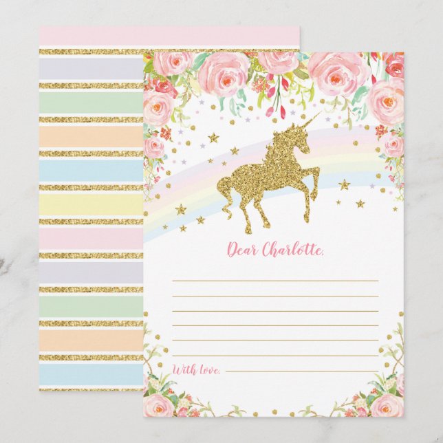Gold Unicorn Time Capsule Pink Roses Message Card (Front/Back)