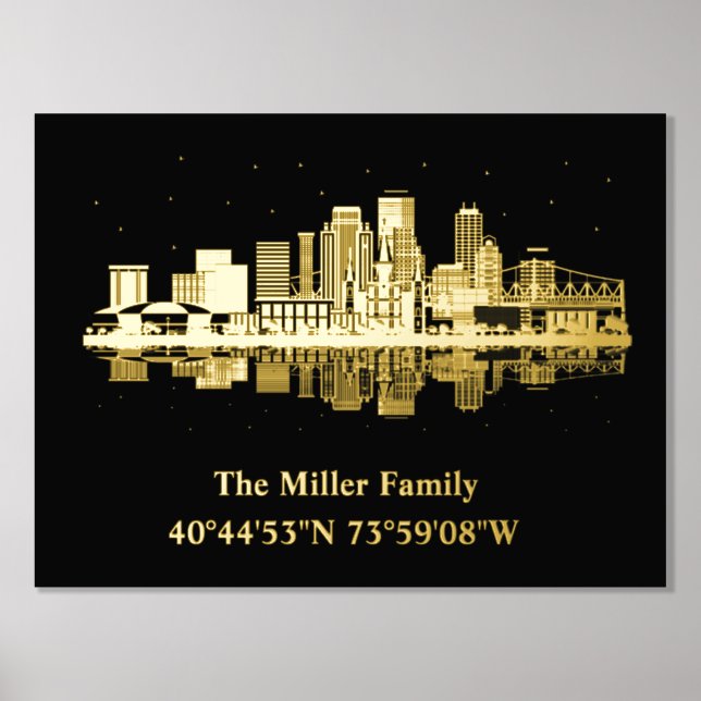 gold US skyline longitude latitude New Orleans Foil Prints (Front)