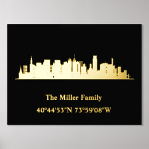gold US skyline longitude latitude Philadelphia Foil Prints