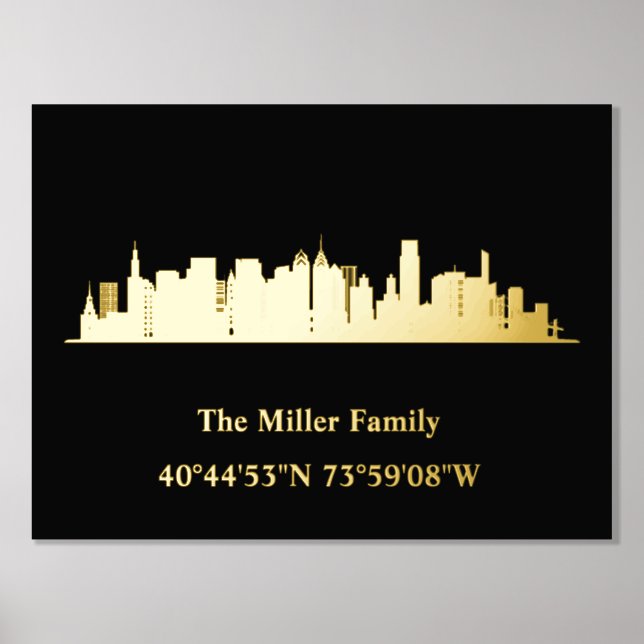 gold US skyline longitude latitude Philadelphia Foil Prints (Front)