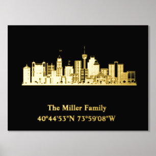 gold US skyline longitude latitude San Antonio Foil Prints