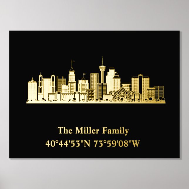 gold US skyline longitude latitude San Antonio Foil Prints (Front)