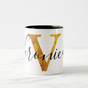 Gold 'V' Monogram w/ Personalized Name Two-Tone Coffee Mug