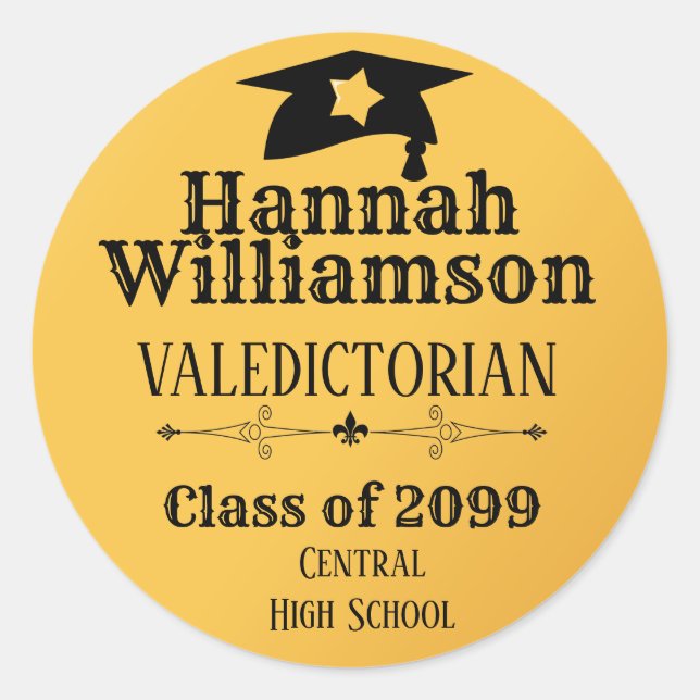 Gold Valedictorian Personalized Graduation Cap Classic Round Sticker (Front)